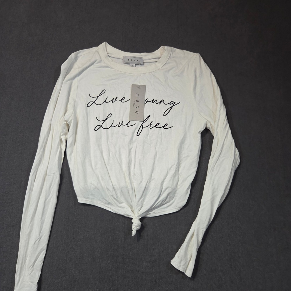 Gaze Graphic Tee Womens Size S White Live Young Live Free Front Knot Long Sleeve